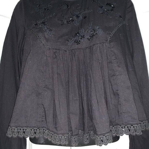 Urban Outfitters UO Boho Black Beaded Sequin Embroidered Long Sleeve Crop Top S - Picture 7 of 13